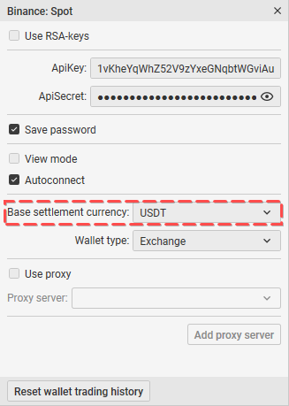 Ventana de ajustes de la plataforma de trading CScalp para elegir la billetera y criptomoneda básica