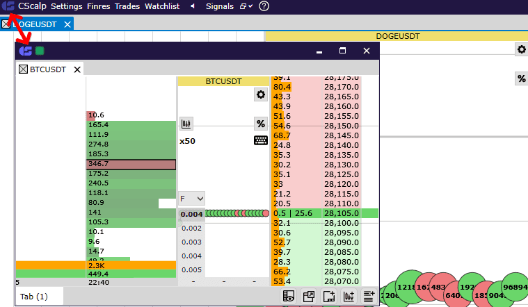 Indicador de un espacio de trabajo activo en la plataforma de trading CScalp