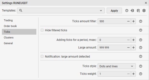 Configuración Ticks de la criptomoneda en CScalp