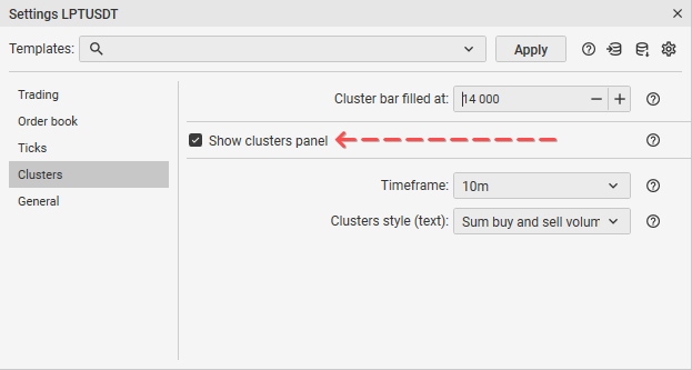 Pestaña de configuración de clústers en la plataforma de trading CScalp que muestra la opción de ocultar