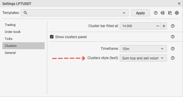 Ajuste del estilo de texto en la pestaña de configuración de clústers en la plataforma de trading CScalp