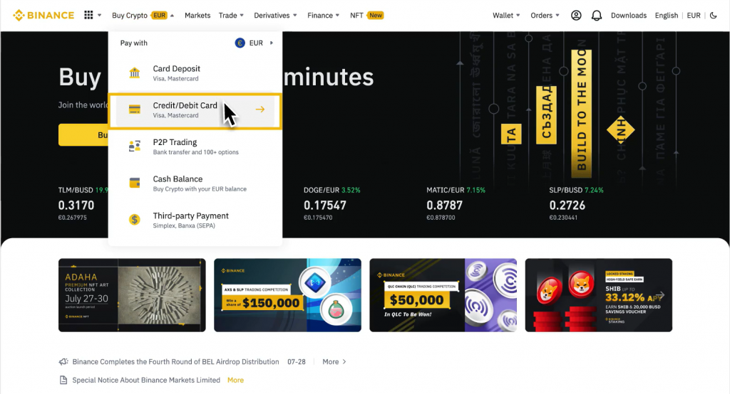 Binance web interface: the first step to buy BNB with a Credit or Debit card.