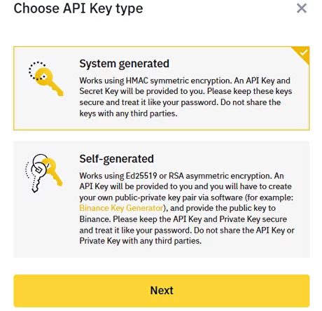 API Key type selection on the Binance exchange: System Generated or Self Generated