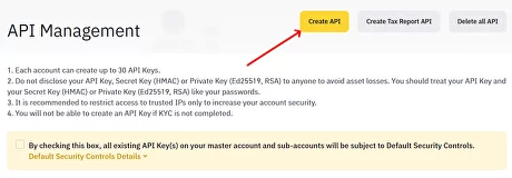 Create API button on Binance exchange is highlighted in red