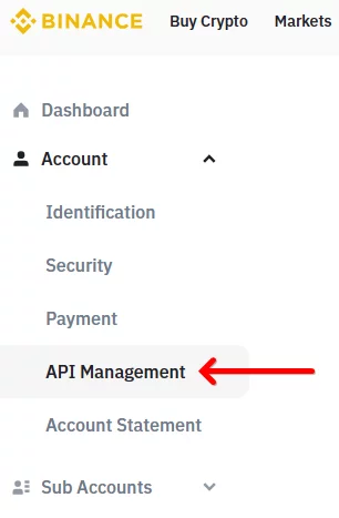 API Management menu on the Binance exchange