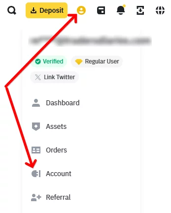 Account management menu on the Binance exchange