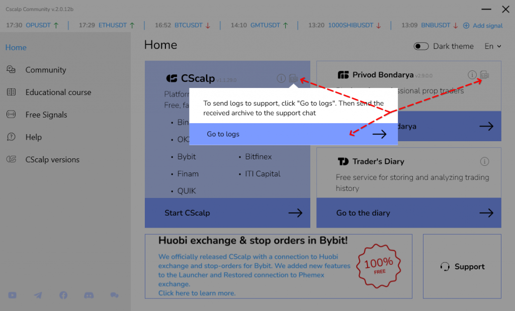 El botón LOG en el área de inicio en Launcher de CScalp