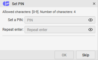 La ventana de la plataforma de trading CScalp para protección de datos con el código PIN La ventana de la plataforma de trading CScalp para protección de datos con el código PIN