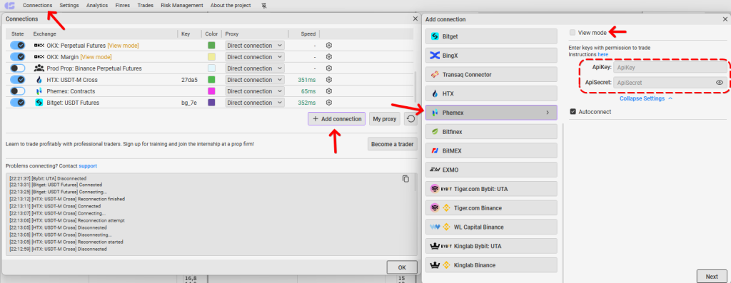 Enter API keys in CScalp