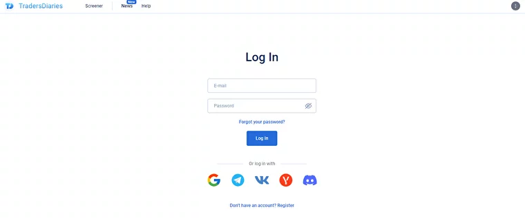Trading Diary’s login window