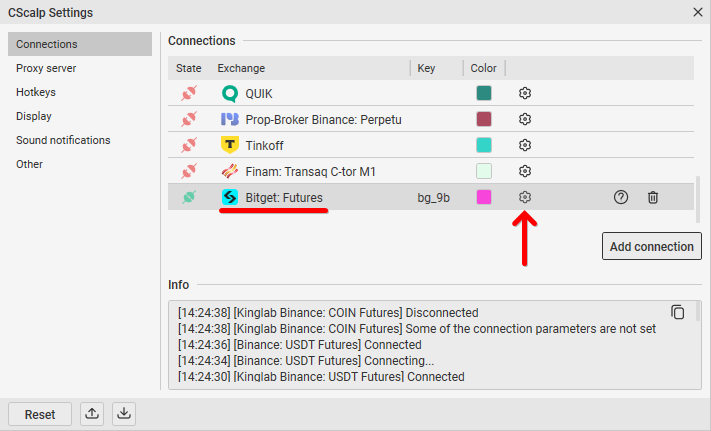 Cómo abrir la configuración de conexión de Bitget en CScalp