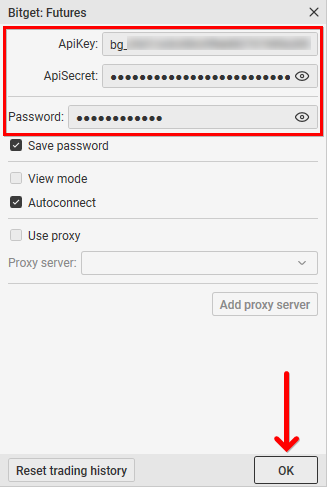 Bitget connection settings in CScalp