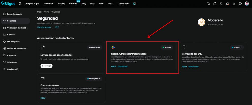 Página de conexión de Google Authenticator al exchange Bitget