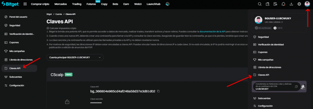 Sitio web de Bitget, menú de usuario de Bitget