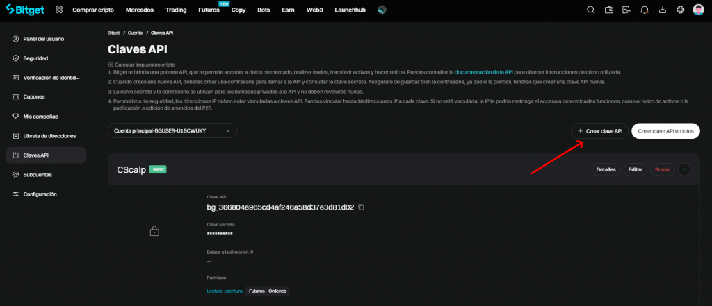 Sección de API de Bitget