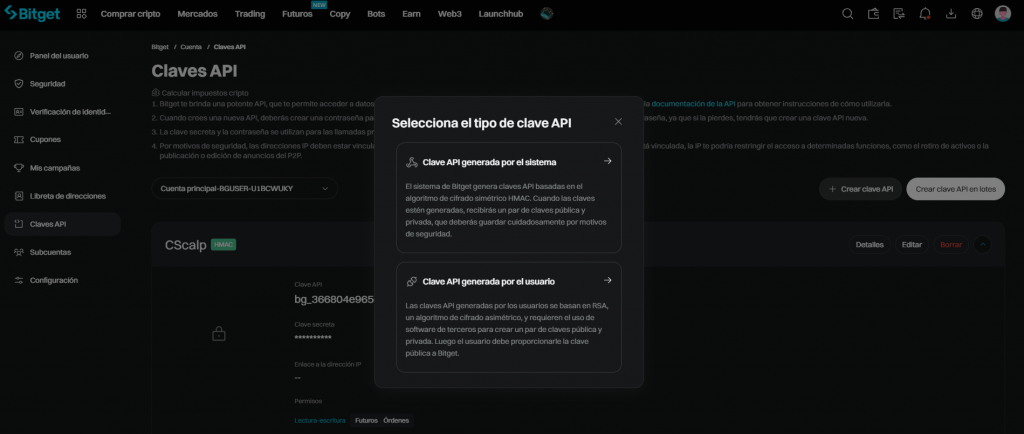 Ventana de selección de tipo de clave API de Bitget