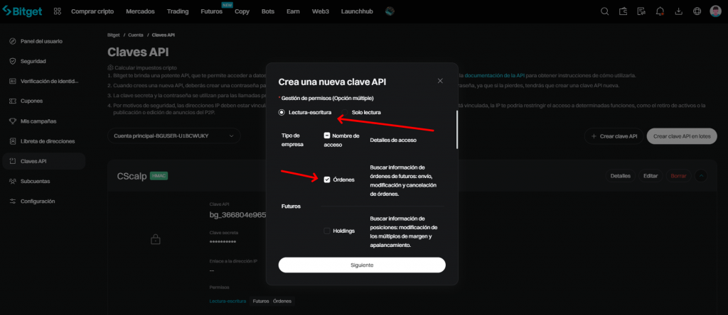 Ventana de creación de claves API de Bitget