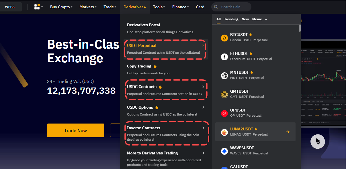 Bybit funding rate, Derivatives context menu of the Bybit exchange