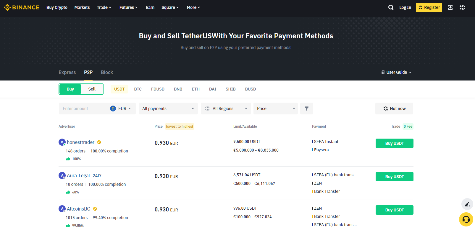 Binance P2P trading platform