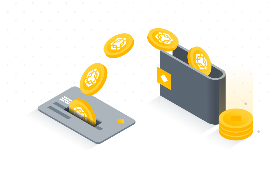 Imagen de monedas de BNB saliendo de una tarjeta e ingresando a una cartera, para simbolizar la devolución de dinero del programa cashback de Binance